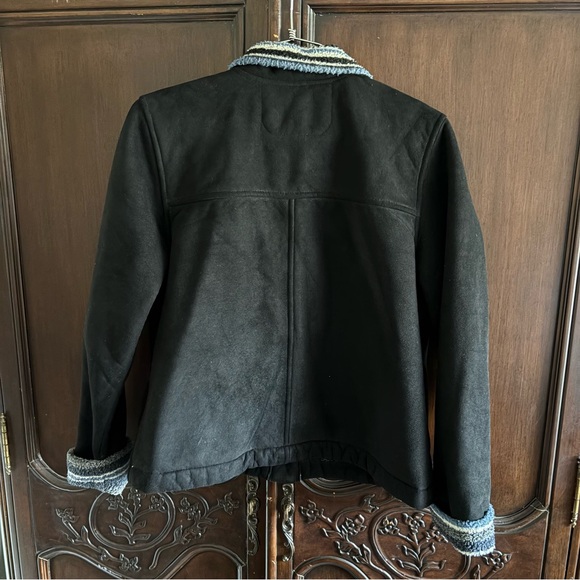 County Clothing Co Black Faux Suede Jacket Blue Stripe Sherpa Lining XL - Picture 4 of 6